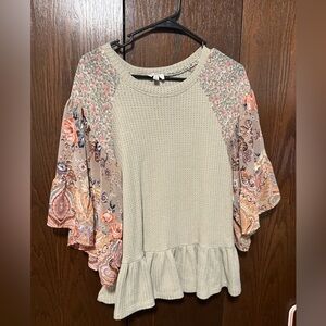 Umgee Olive and Paisley Ruffle Blouse
